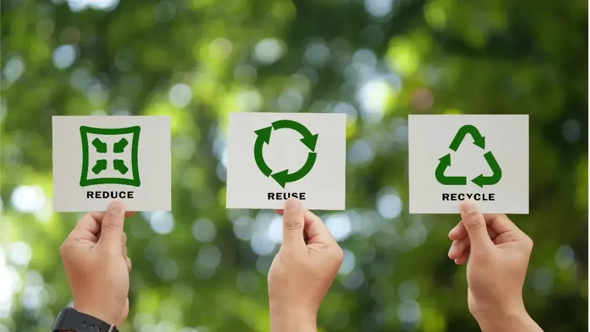 Hands holding cards showing the words Reduce, Reuse, and Recycle