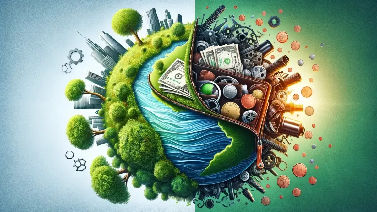 Art illustration showing earth half green and half industrial with gears and money